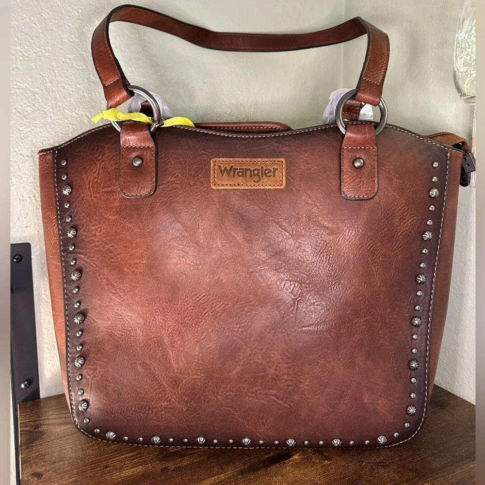 Wrangler Studded Brown Faux Leather Tote Bag - Picture 2 of 9